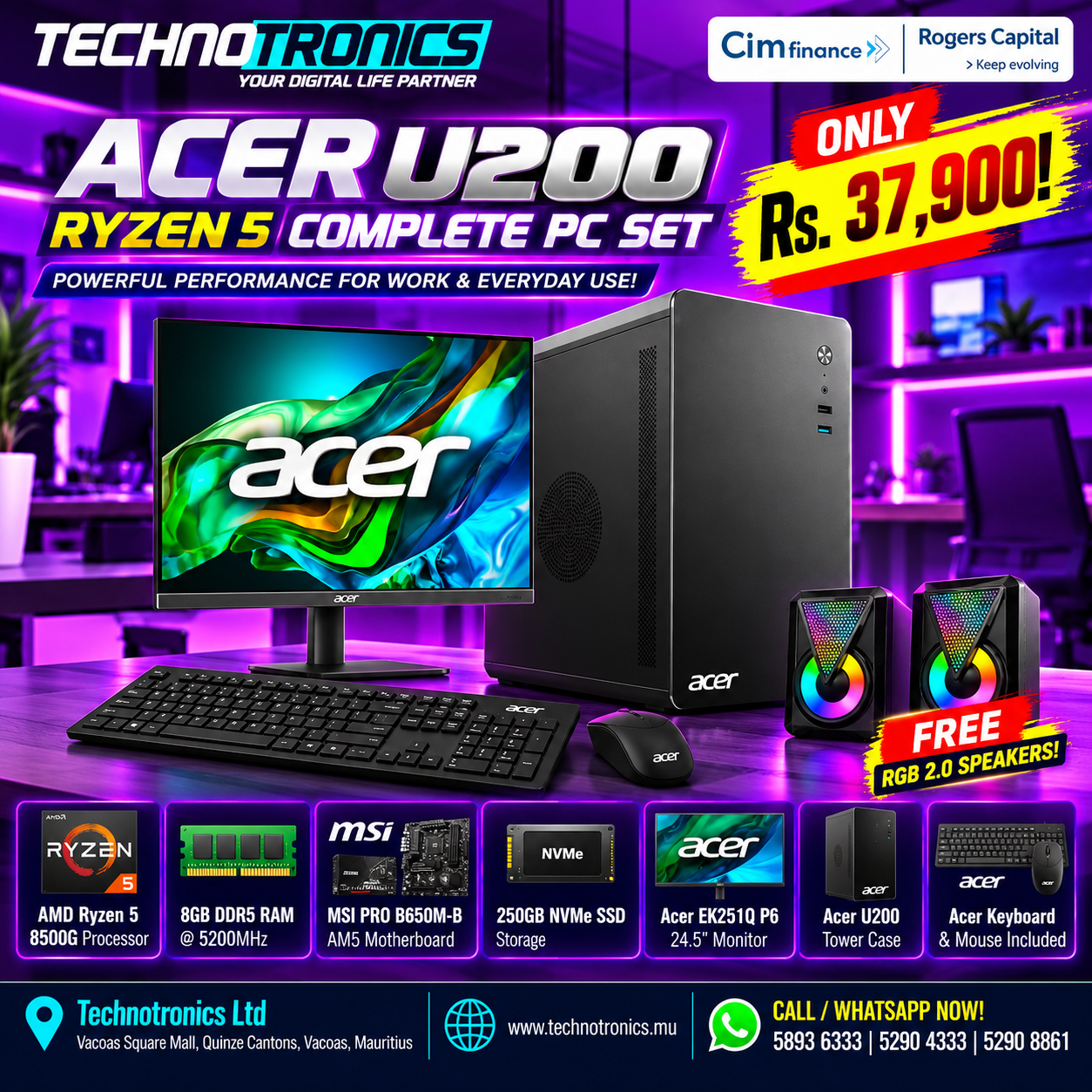 ACER U200 RYZEN 5 COMPLETE PC SET - Buy at TECHNOTRONICS Mauritius