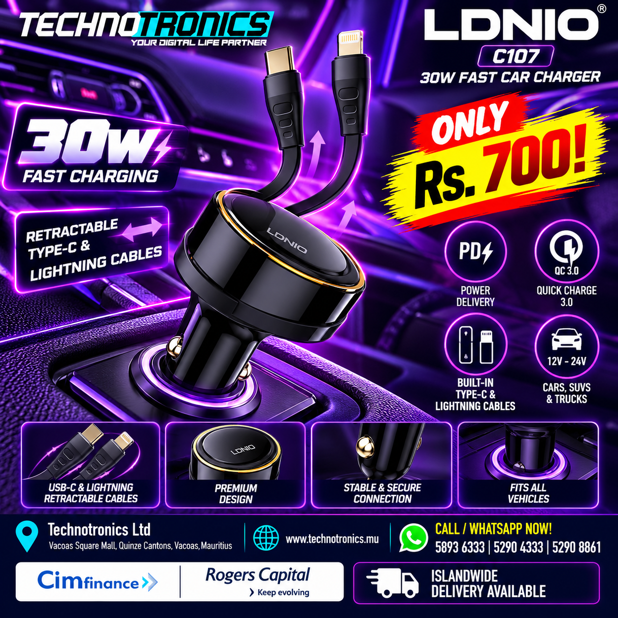 LDNIO C107 FAST CAR CHARGER - Buy at TECHNOTRONICS Mauritius