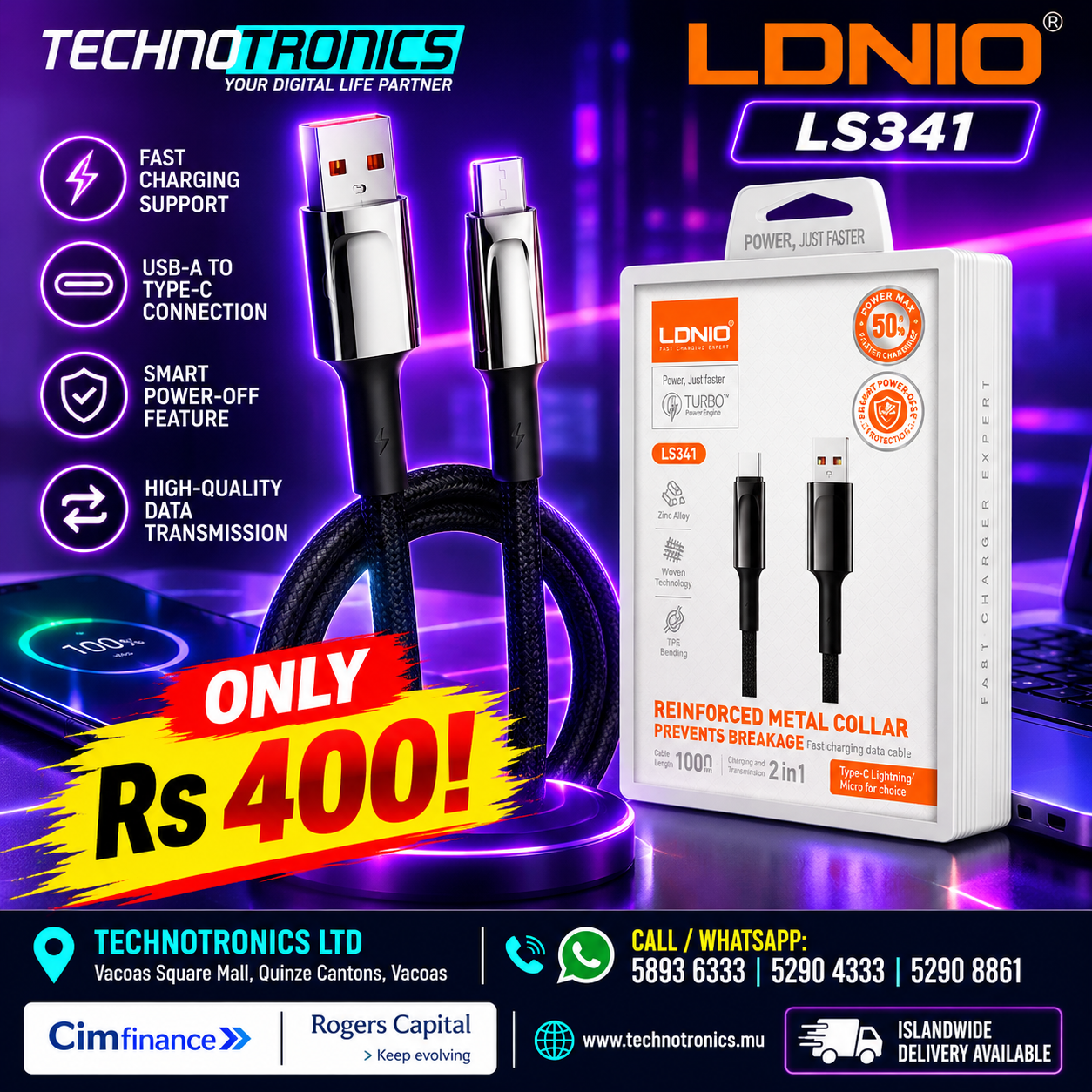 LDNIO LS341 USB-A TO TYPE-C FAST CHARGING CABLE - Buy at TECHNOTRONICS Mauritius