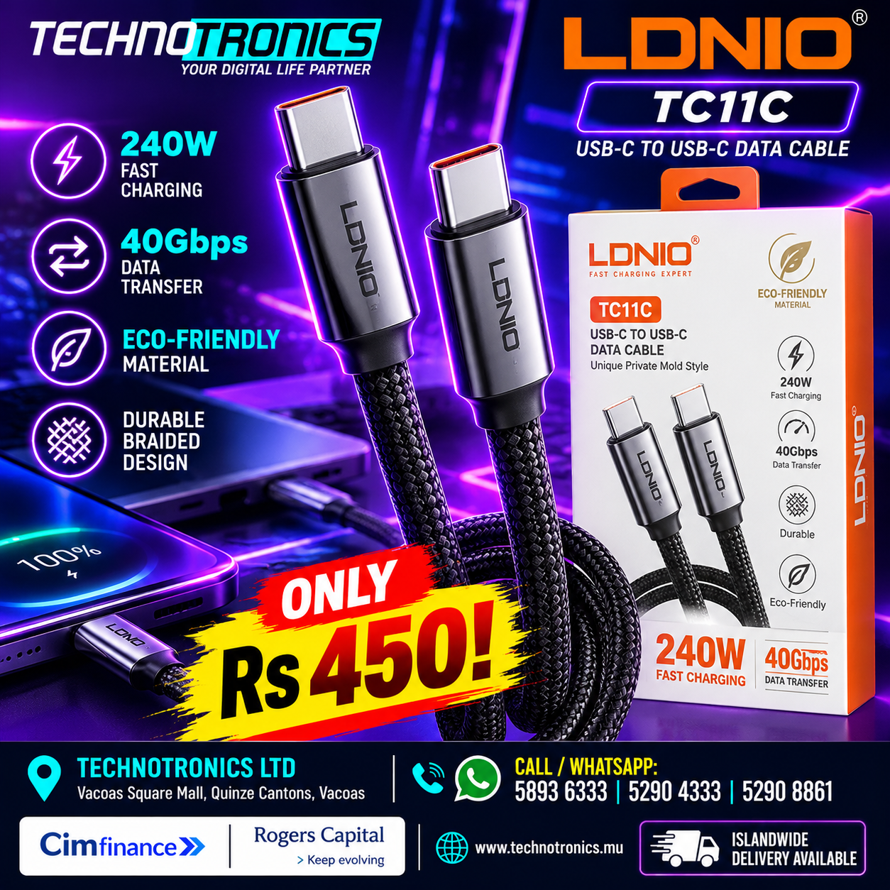 LDNIO TC11C – 240W USB-C TO USB-C CABLE - Buy at TECHNOTRONICS Mauritius