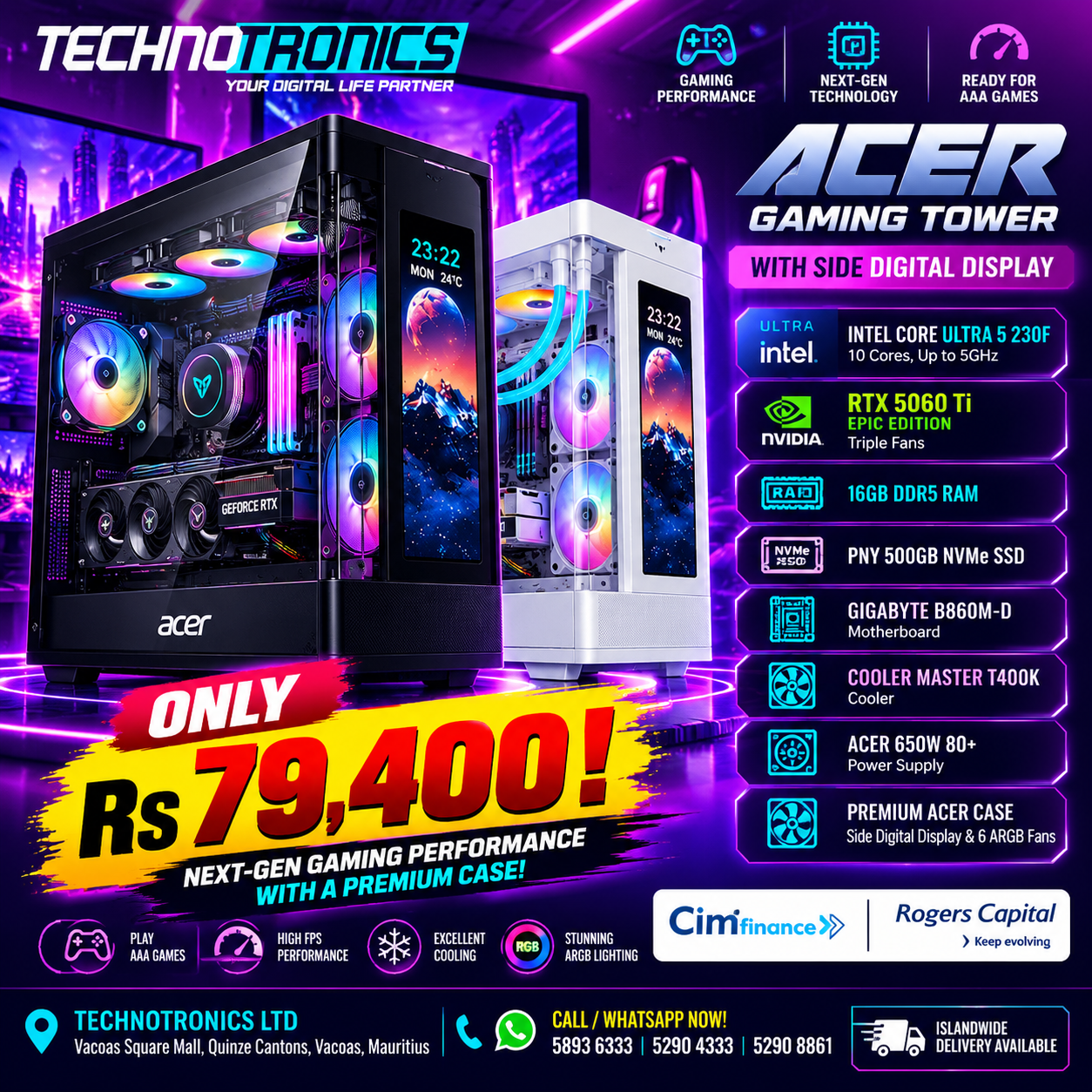 ACER GAMING COMPLETE TOWER Ultra 5 230F – BLACK / WHITE - Buy at TECHNOTRONICS Mauritius