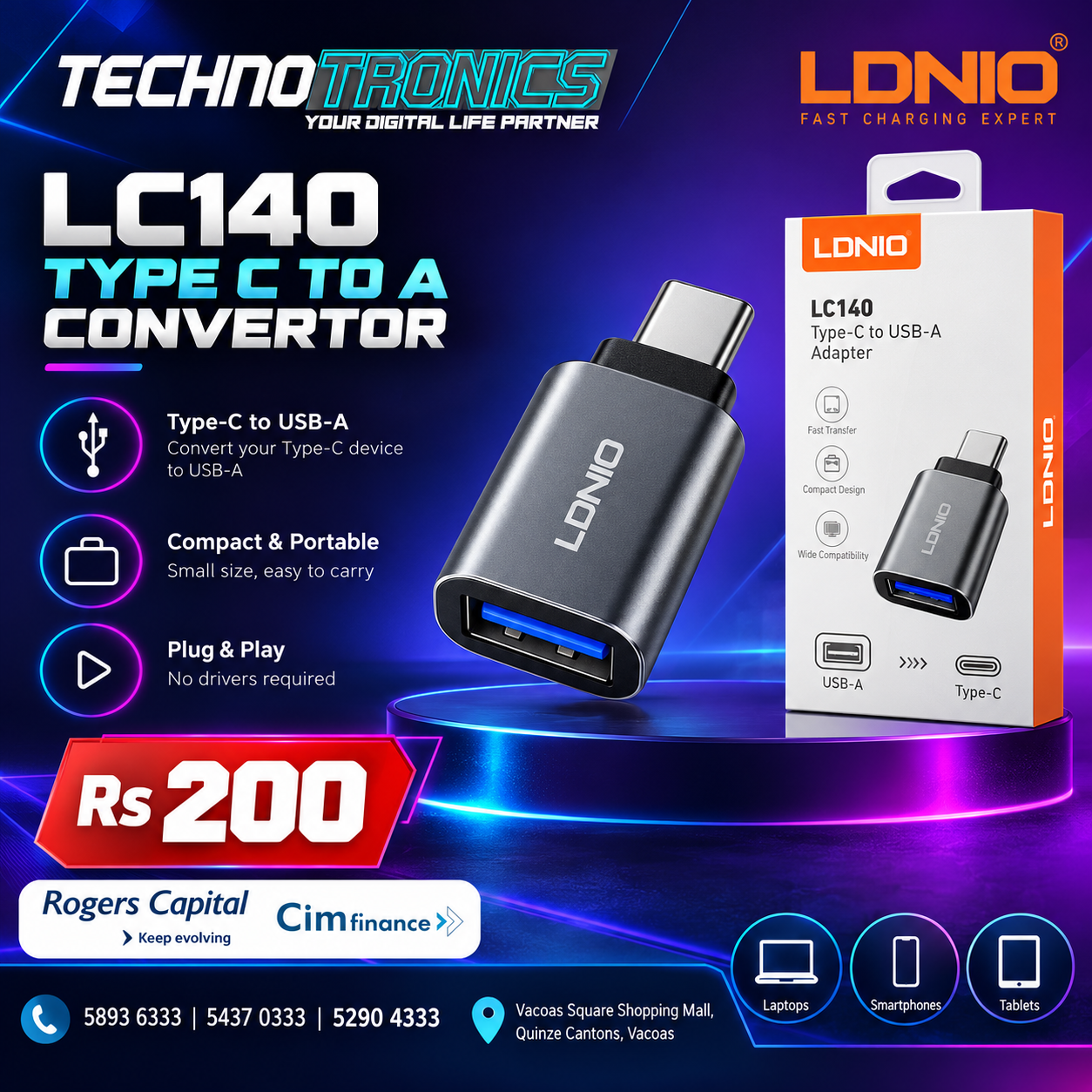 LDNIO LC140 Type-C to USB-A Converter - Buy at TECHNOTRONICS Mauritius