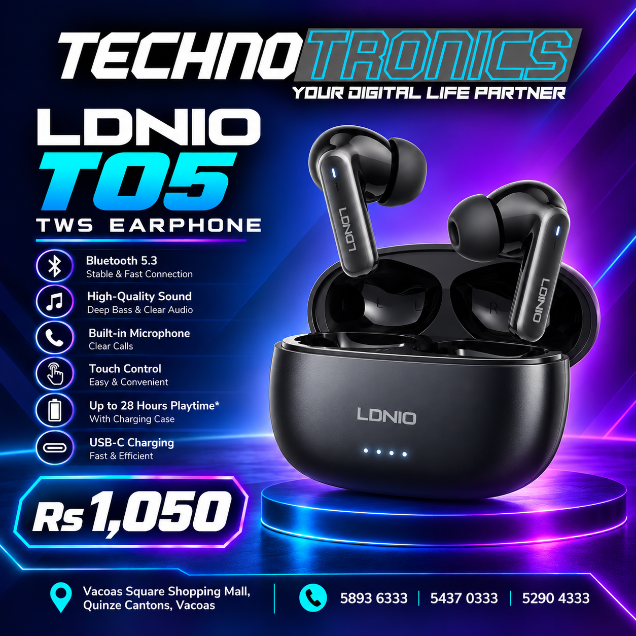 LDNIO T05 TWS Earphones - Buy at TECHNOTRONICS Mauritius