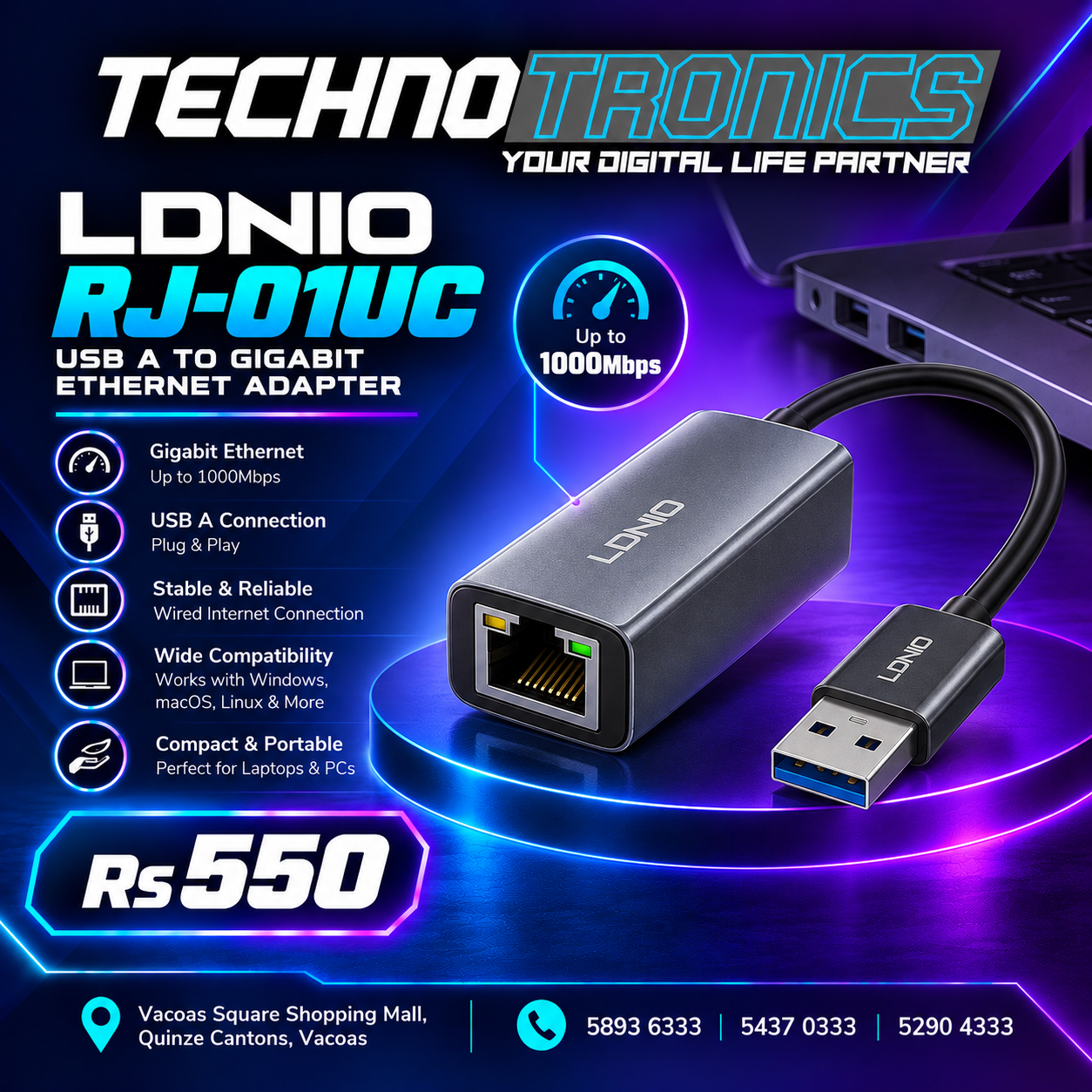 LDNIO RJ-01UC USB-A to Gigabit Ethernet Adapter - Buy at TECHNOTRONICS Mauritius