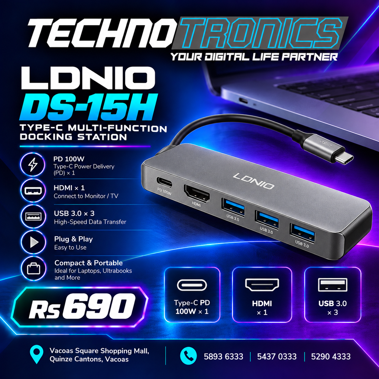 LDNIO DS-15H Multi-Function USB-C Docking Station - Buy at TECHNOTRONICS Mauritius