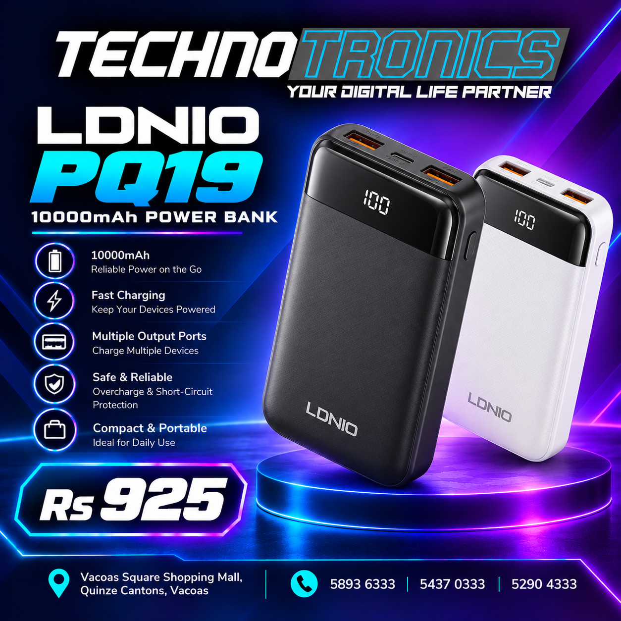 LDNIO PQ19 10,000mAh Power Bank - Buy at TECHNOTRONICS Mauritius