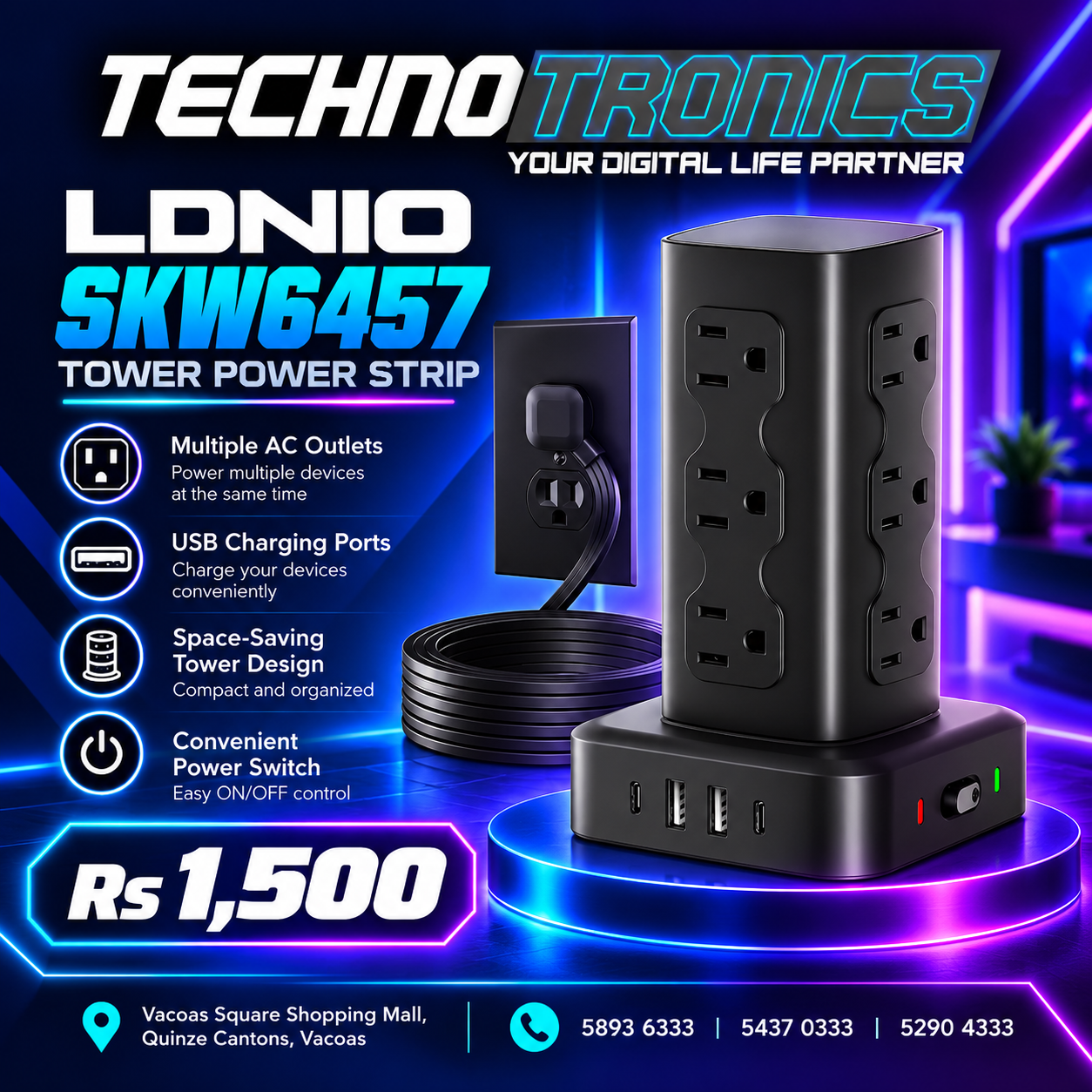 LDNIO SKW6457 Tower Power Strip - Buy at TECHNOTRONICS Mauritius