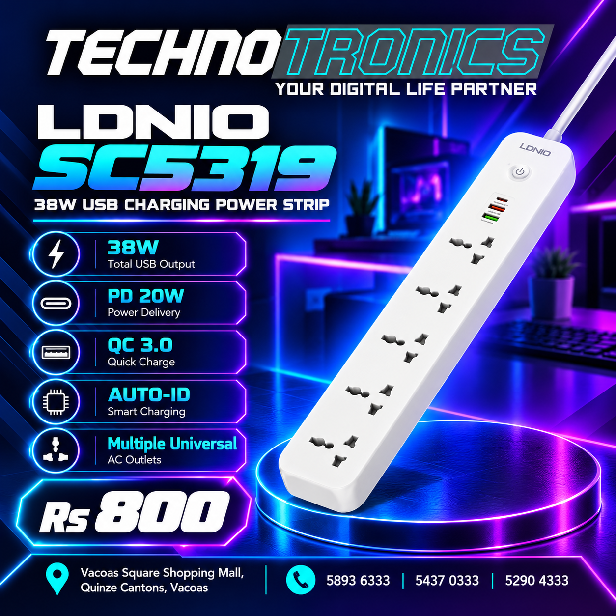 LDNIO SC5319 38W USB Charging Power Strip - Buy at TECHNOTRONICS Mauritius