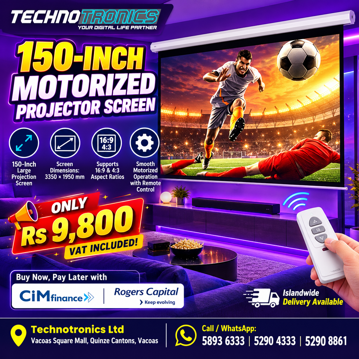 150-INCH MOTORIZED PROJECTOR SCREEN - Buy at TECHNOTRONICS Mauritius